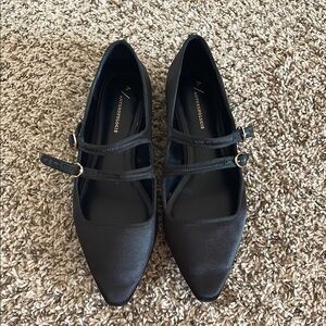 Anthropologie Black Satin Pointy Toed Flats with Double Buckle
